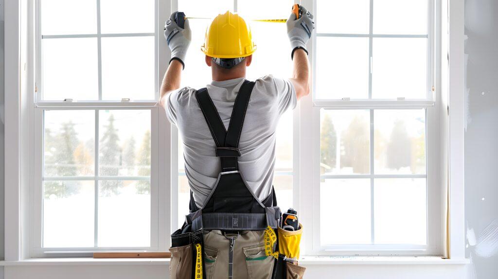 Fachmann mit Schutzhelm und Werkzeug beim Ausmessen eines neuen Fensters vor der Installation in einem Wohnraum