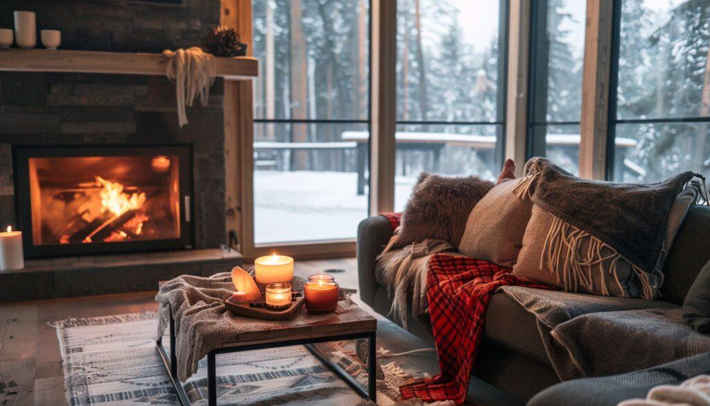 Gemütliches Wohnzimmer mit brennendem Kamin, Kerzen und kuscheligen Decken. Die Glasscheibe für die Kaminofen Tür sorgt für Sicherheit und eine wohlige Wärme im Raum.