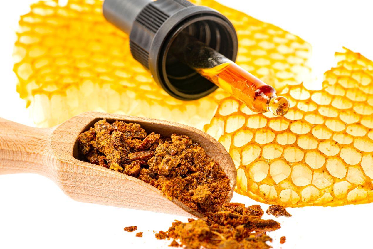 Nahaufnahme von Propolis Tropfen, Waben und rohem Propolis – wertvolle Naturprodukte zur Unterstützung der Abwehrkräfte.