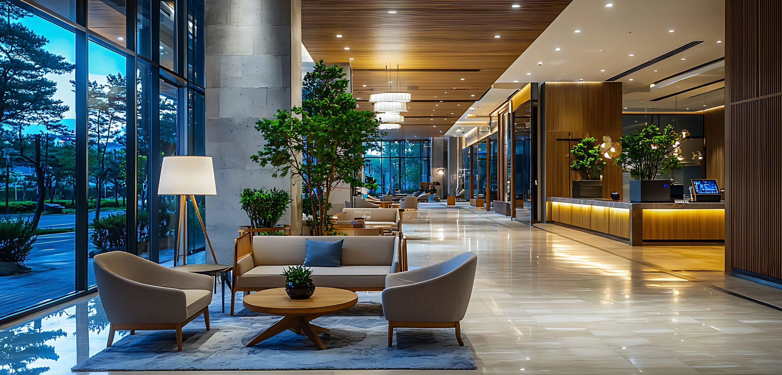 Luxuriöse Hotellobby mit stilvollem Design und sanfter Beleuchtung