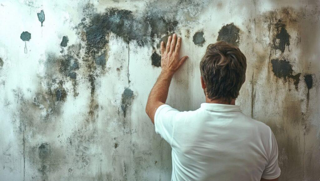 Mann prüft Schimmelwand | Lüfter mit Feuchtigkeitssensor