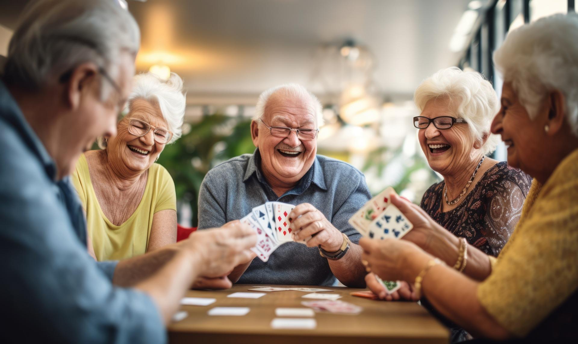 Senioren spielen Karten und lachen gemeinsam | Pflegehilfskraft Frankfurt