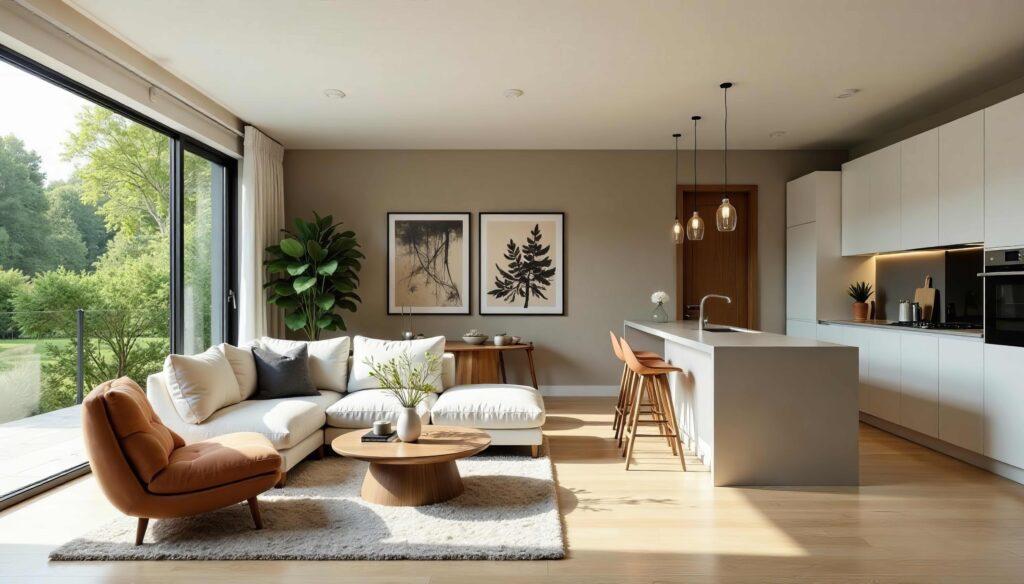 Moderne offene Wohnküche mit stilvollen Möbeln, elegant, modern, luxuriös.