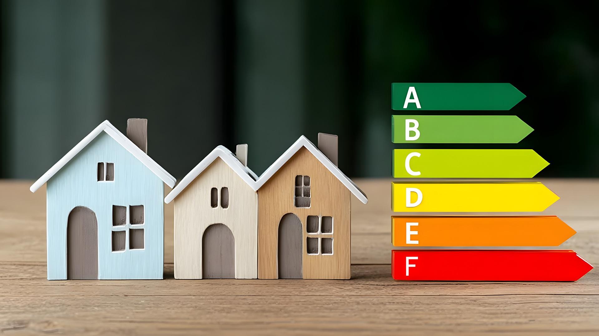 Holzhäuser mit Energieeffizienzstufen auf Tisch | Heizölpreise München