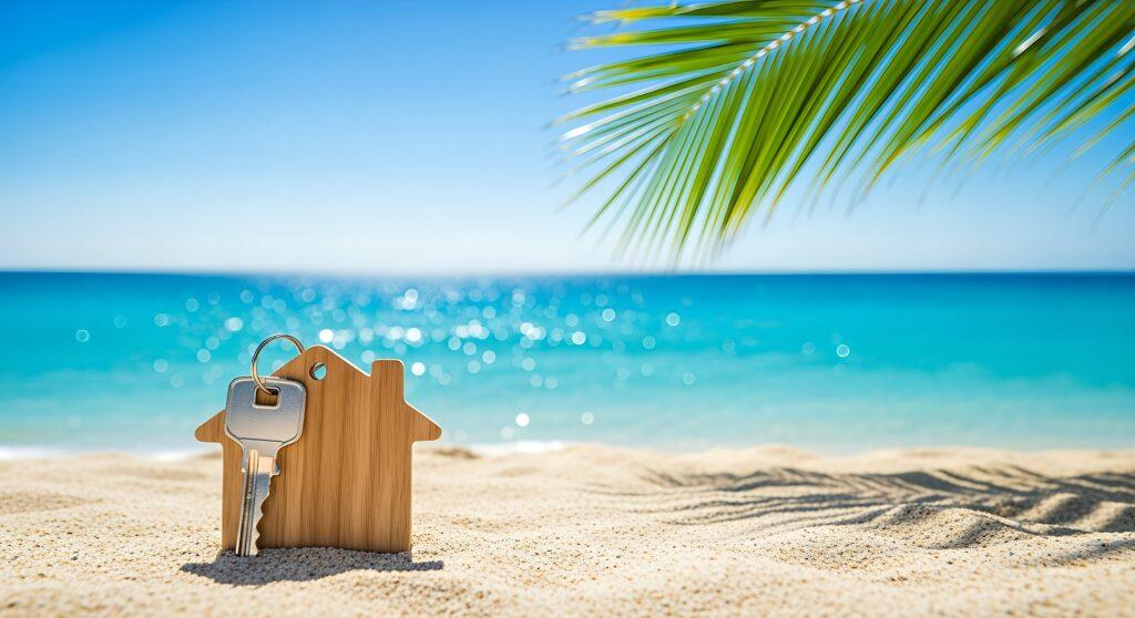 Hausschlüssel im Sand vor türkisblauem Meer | Immobilien Fehmarn