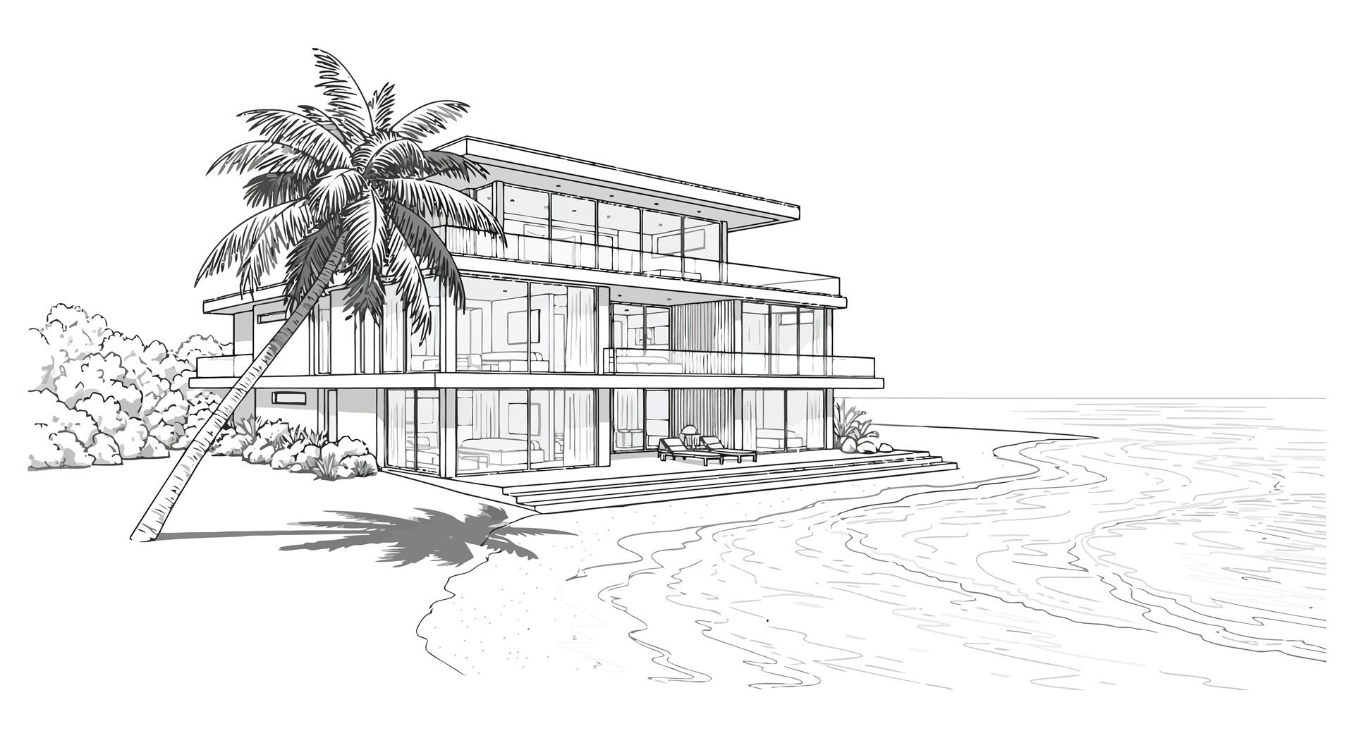 Gezeichnete Strandvilla mit Palmen | Immobilien Fehmarn